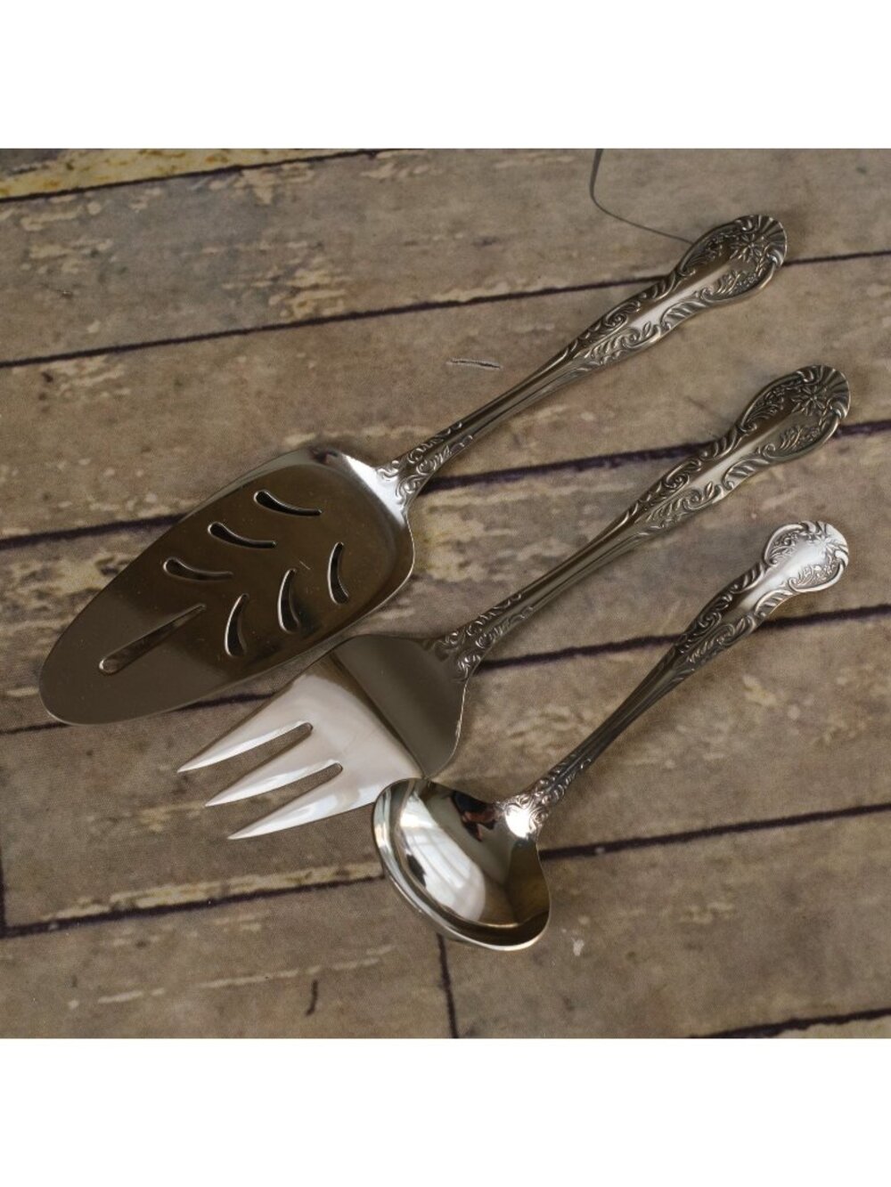 National NANCY (3 Flowers) Japan Stainless Serving Set Pie, Fork & Ladle CLEAN